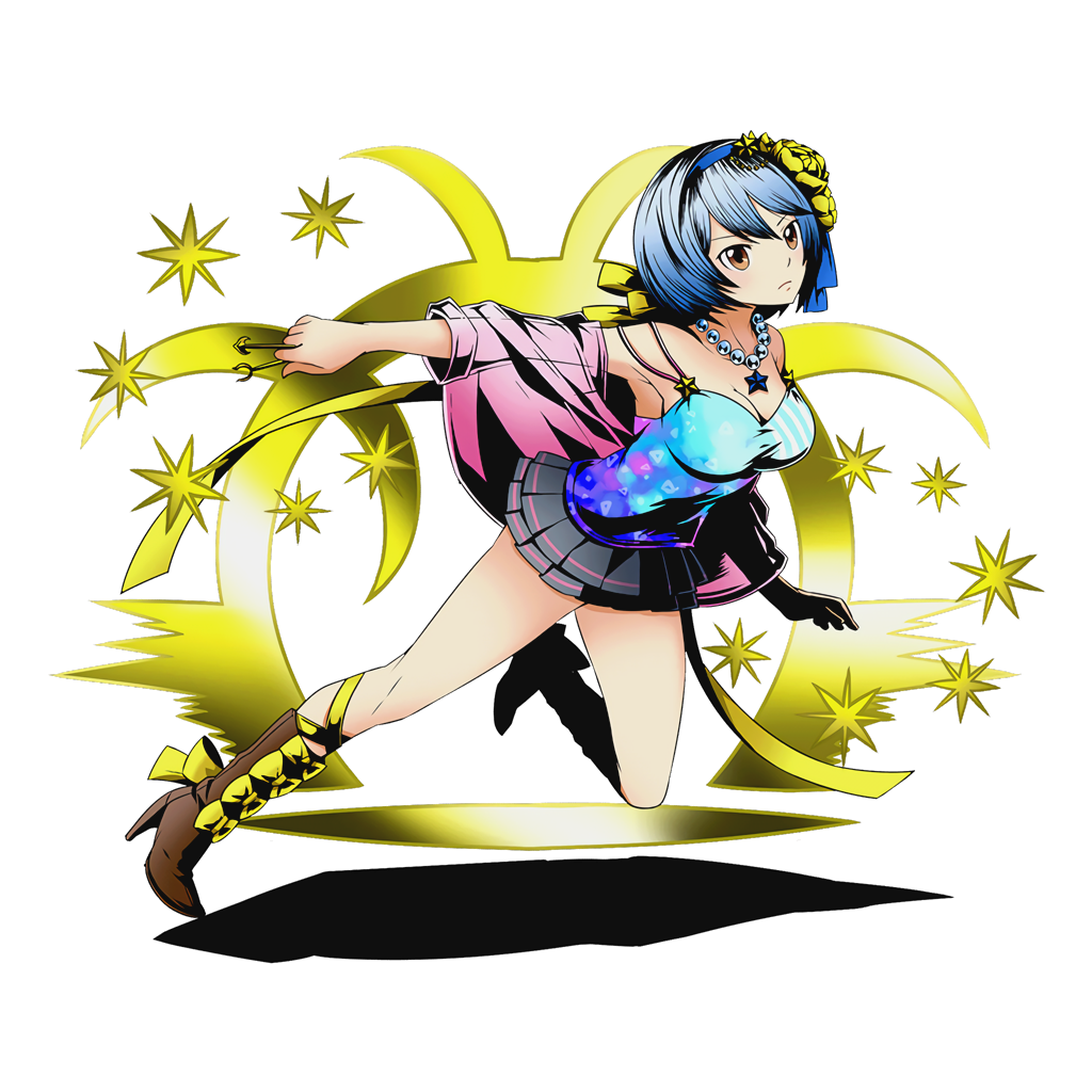 1girl black_skirt blue_hair blue_hairband blue_shirt boots breasts brown_boots brown_eyes cleavage collarbone divine_gate fairy_tail flower full_body hair_flower hair_ornament hair_ribbon hairband high_heels holding jewelry key large_breasts layered_skirt necklace official_art pleated_skirt ribbon see-through shadow shirt short_hair skirt sleeveless sleeveless_shirt solo star transparent_background ucmm yellow_flower yellow_ribbon yukino_aguria