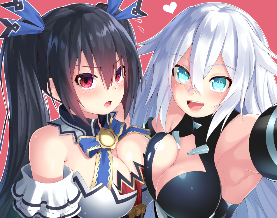 1girl 2girls aqua_eyes bangs bare_shoulders black_hair black_heart blue_eyes blush bodysuit breast_press breasts choujigen_game_neptune cleavage detached_collar detached_sleeves dress dual_persona eyebrows eyebrows_visible_through_hair garter_straps hair_between_eyes high_resolution large_breasts leaning leaning_back leotard long_hair looking_at_viewer looking_up lying multiple_girls neptune_(series) oekakizuki open_mouth power_symbol red_eyes ribbon self_shot shiny shiny_hair shiny_skin smile solo symbol-shaped_pupils symmetrical_docking thick_thighs thigh-highs thighs tied_hair twintails upper_body very_long_hair white_hair wide_hips