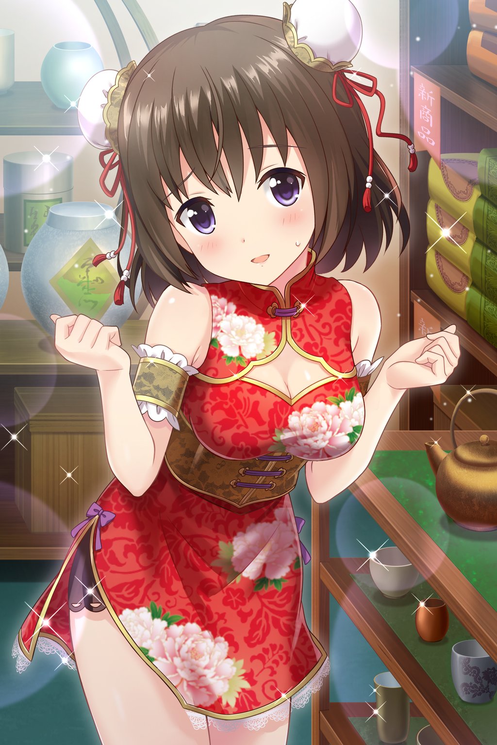1girl alternative_girls artist_request breasts brown_eyes brown_hair bun_cover china_dress chinese_clothes cleavage corset double_bun dress highres lens_flare lens_flare_abuse official_art short_hair side_slit solo sparkle teapot violet_eyes