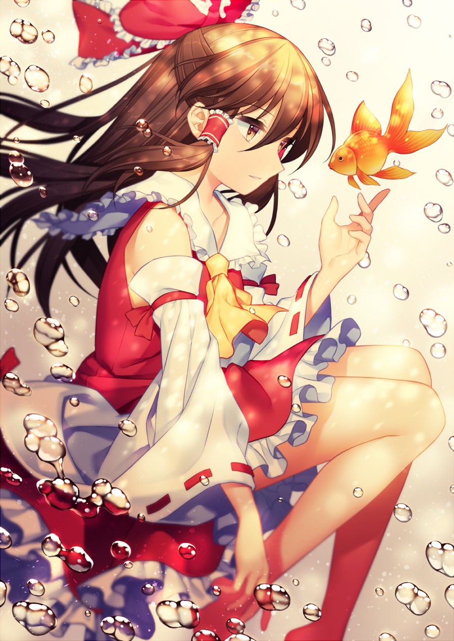 1girl ascot bent_knees bow brown_eyes brown_hair bubble detached_sleeves fish frills goldfish hair_between_eyes hair_bow hair_tubes hakurei_reimu highres jenevan long_hair red_bow red_ribbon ribbon ribbon-trimmed_sleeves ribbon_trim solo touhou wide_sleeves