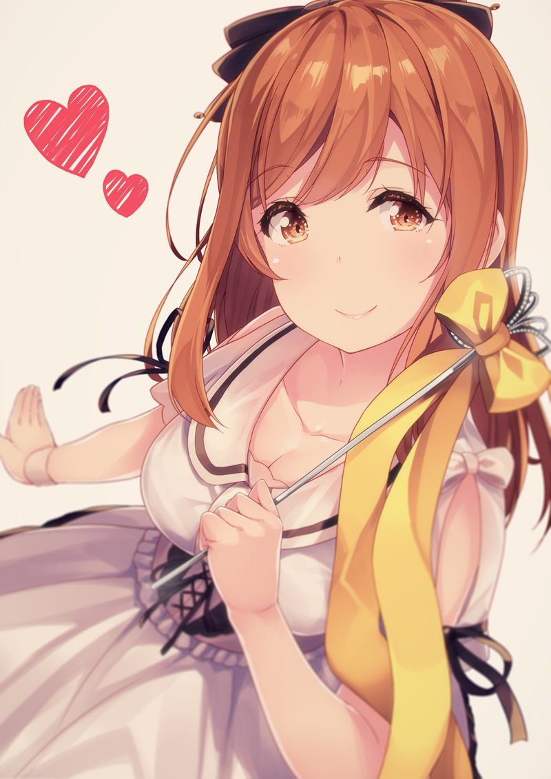 1girl bangs beige_background black_bow black_ribbon blurry bow breasts brown_eyes brown_hair cleavage collarbone commentary_request corset depth_of_field dress hair_bow heart kunikida_hanamaru long_hair looking_at_viewer love_live! love_live!_sunshine!! ribbon short_sleeves shoulder_cutout siva_(executor) smile solo wand wristband yellow_ribbon