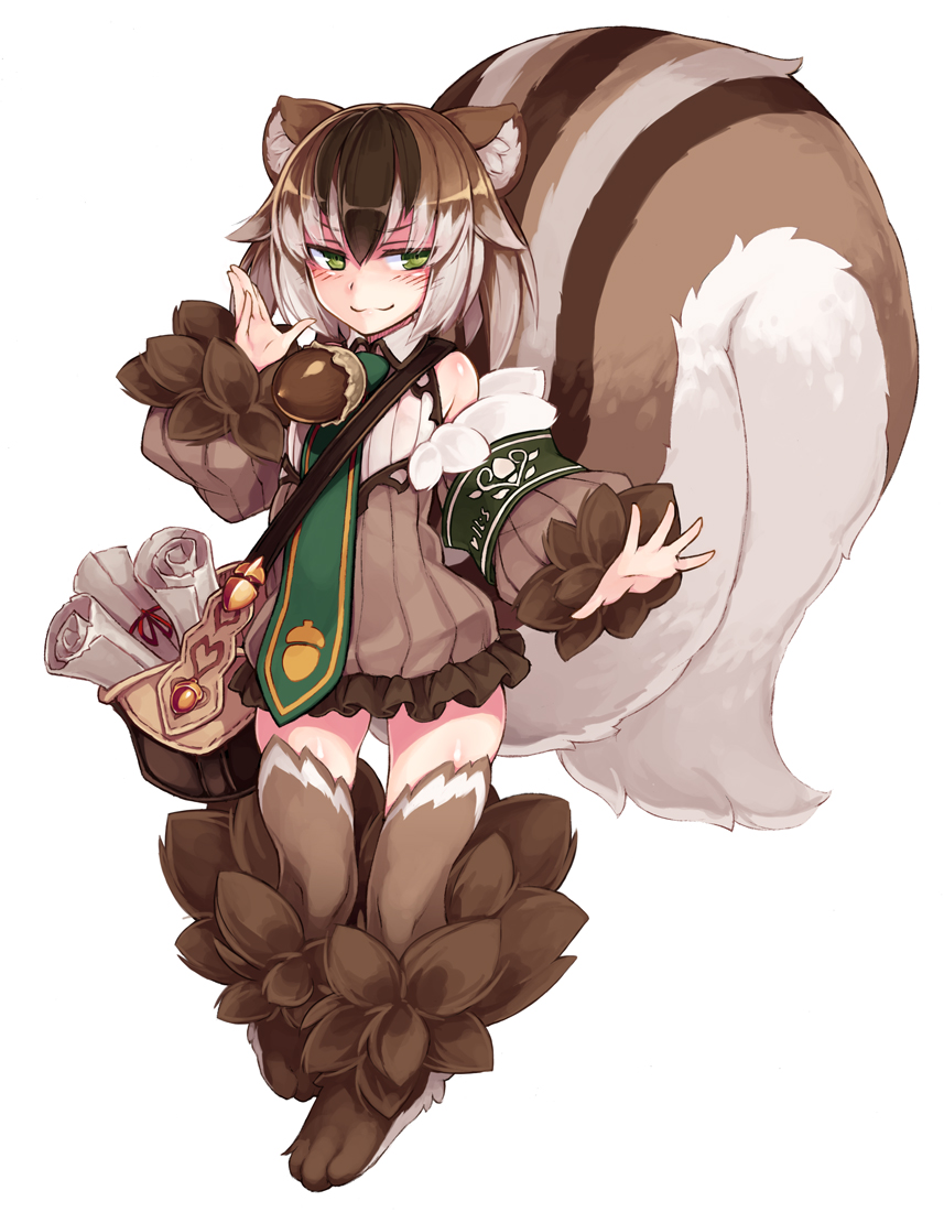 1girl :3 animal_ears bag bare_shoulders brown_dress brown_hair dress fluffy full_body fur gradient_hair green_eyes kenkou_cross looking_at_viewer monster_girl monster_girl_encyclopedia multicolored_hair outstretched_arm paws petite puffy_sleeves ratatoskr_(monster_girl_encyclopedia) scroll short_hair solo squirrel_ears squirrel_tail streaked_hair striped_tail tail white_hair