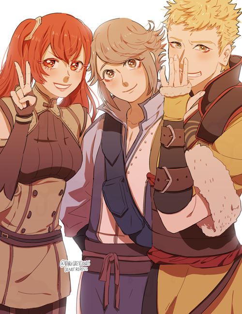 1girl 2boys azur_(fire_emblem) blonde_hair brown_hair eudes_(fire_emblem) fire_emblem fire_emblem:_kakusei looking_at_viewer multiple_boys pauldrons redhead selena_(fire_emblem) simple_background smile twintails