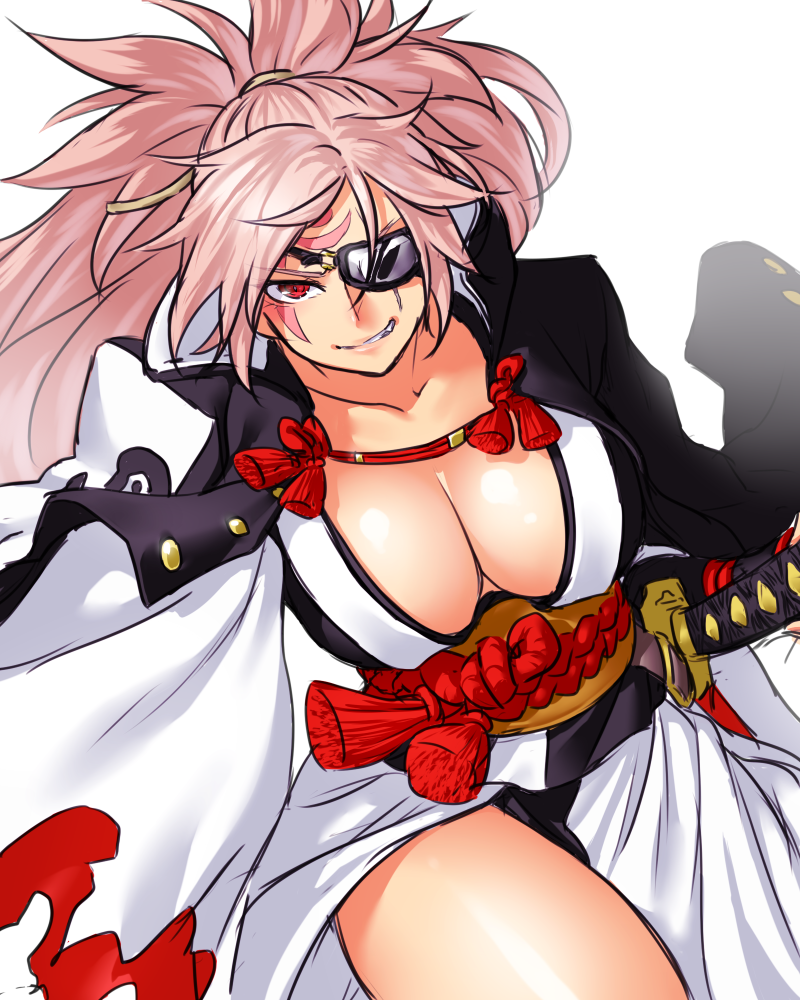 &gt;:) 1girl amputee baiken breasts cleavage collarbone cowboy_shot grin guilty_gear japanese_clothes katana kimono large_breasts long_hair long_sleeves looking_at_viewer obi one-eyed onsoku_maru pink_hair ponytail red_eyes sash scar scar_across_eye sheath sheathed smile solo sword weapon wide_sleeves