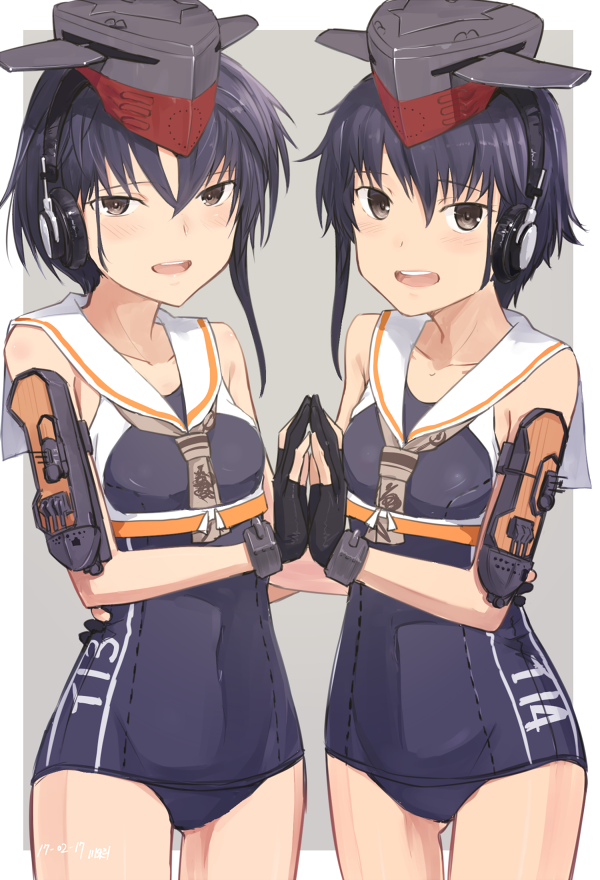 2girls asymmetrical_hair bare_shoulders black_hair brown_eyes downscaled framed_breasts gloves grey_background hair_between_eyes hat headphones i-13_(kantai_collection) i-14_(kantai_collection) kantai_collection kawashina_(momen_silicon) looking_at_viewer multiple_girls open_mouth partly_fingerless_gloves sailor_collar school_swimsuit short_hair simple_background sisters swimsuit symmetry twins