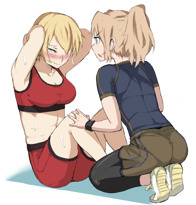 2girls abs arms_behind_head bike_shorts blonde_hair blue_eyes blush braid breasts cleavage collarbone darjeeling exercise girls_und_panzer hands_on_another's_knees kay_(girls_und_panzer) leggings midriff multiple_girls nexas ponytail sit-up sports_bra sweat tight white_background wristband