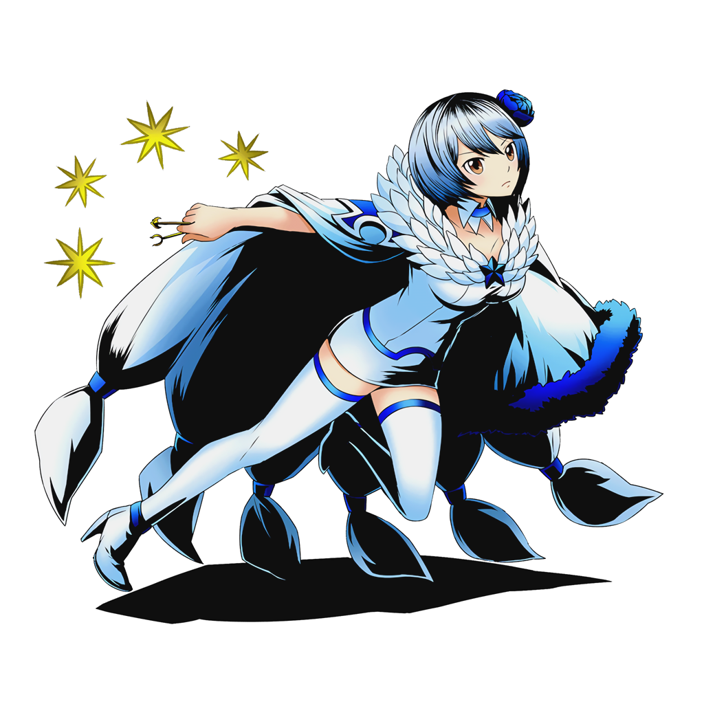 1girl blue_flower boots breasts brown_eyes cape choker collarbone divine_gate dress fairy_tail flower full_body hair_flower hair_ornament high_heels holding key medium_breasts official_art shadow short_hair silver_hair solo star thigh-highs thigh_boots transparent_background ucmm white_boots white_dress yukino_aguria