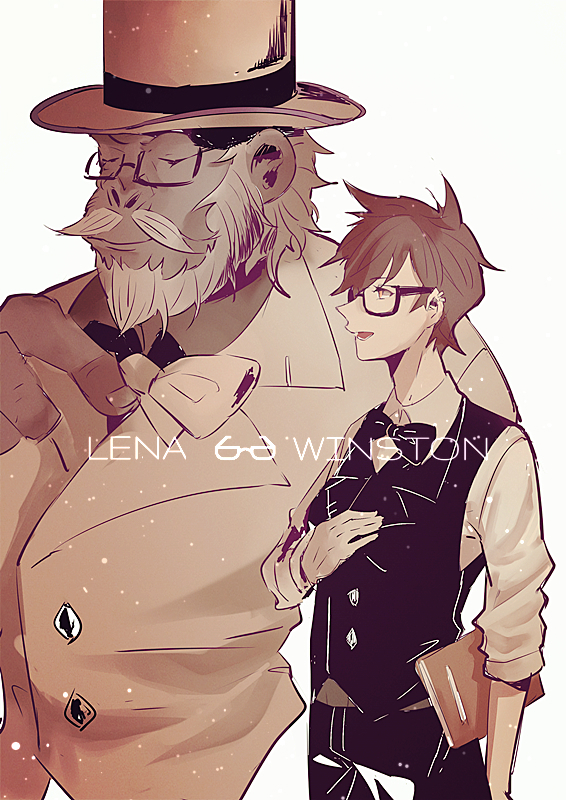1boy 1girl beard bespectacled facial_hair formal glasses gorilla greyscale hat monochrome mustache overwatch semi-rimless_glasses short_hair suit top_hat tracer_(overwatch) under-rim_glasses waistcoat winston_(overwatch) xian_che