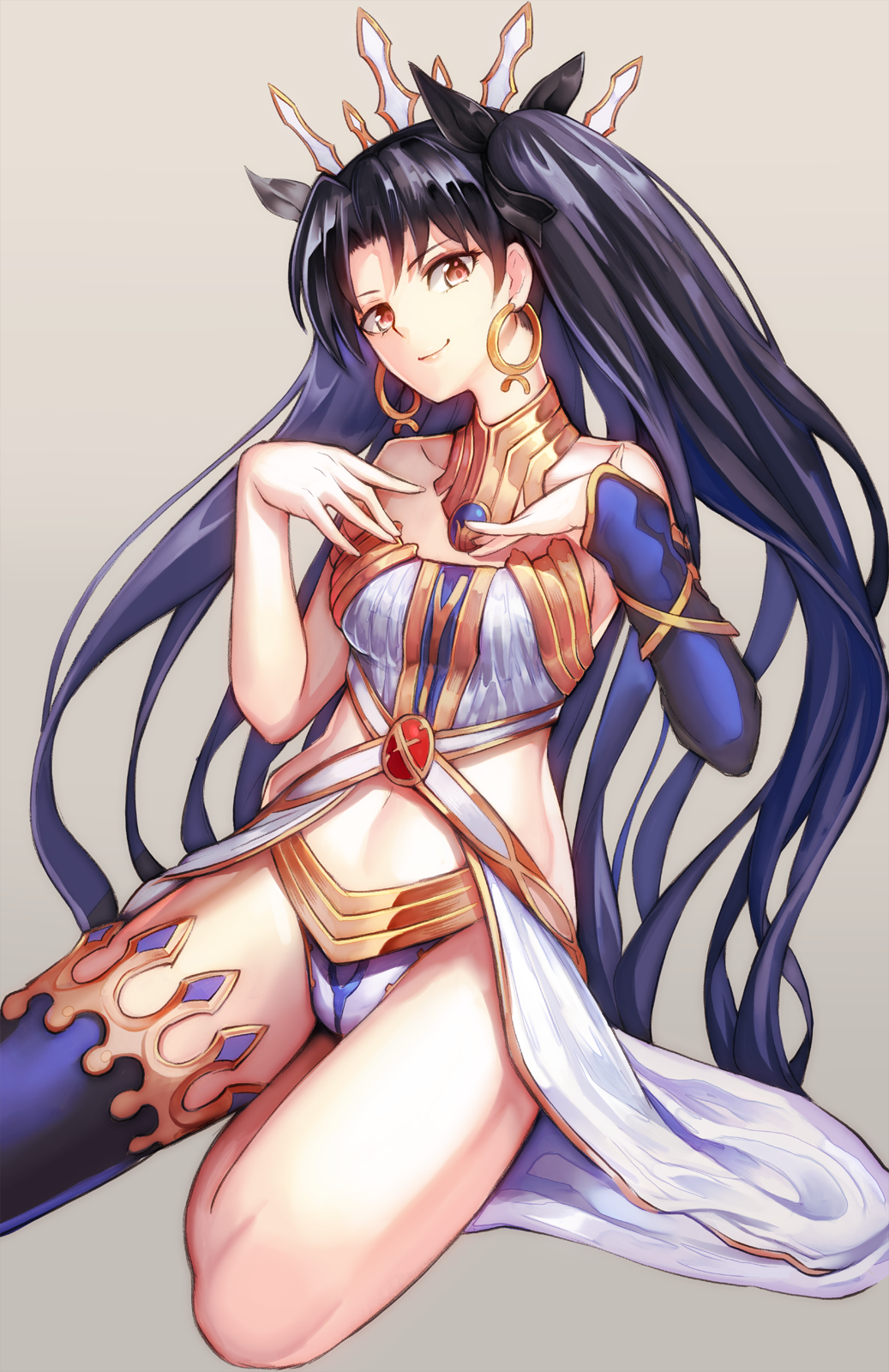 &gt;:) 1girl bare_shoulders black_hair black_ribbon blue_legwear breasts brown_eyes closed_mouth crown detached_sleeves earrings fate/grand_order fate_(series) hair_intakes hair_ribbon hidezi highres hoop_earrings ishtar_(fate/grand_order) jewelry long_hair looking_at_viewer medium_breasts navel neck_ring panties revealing_clothes ribbon single_sleeve single_thighhigh sitting smile solo stomach thigh-highs tohsaka_rin two_side_up underwear very_long_hair white_panties