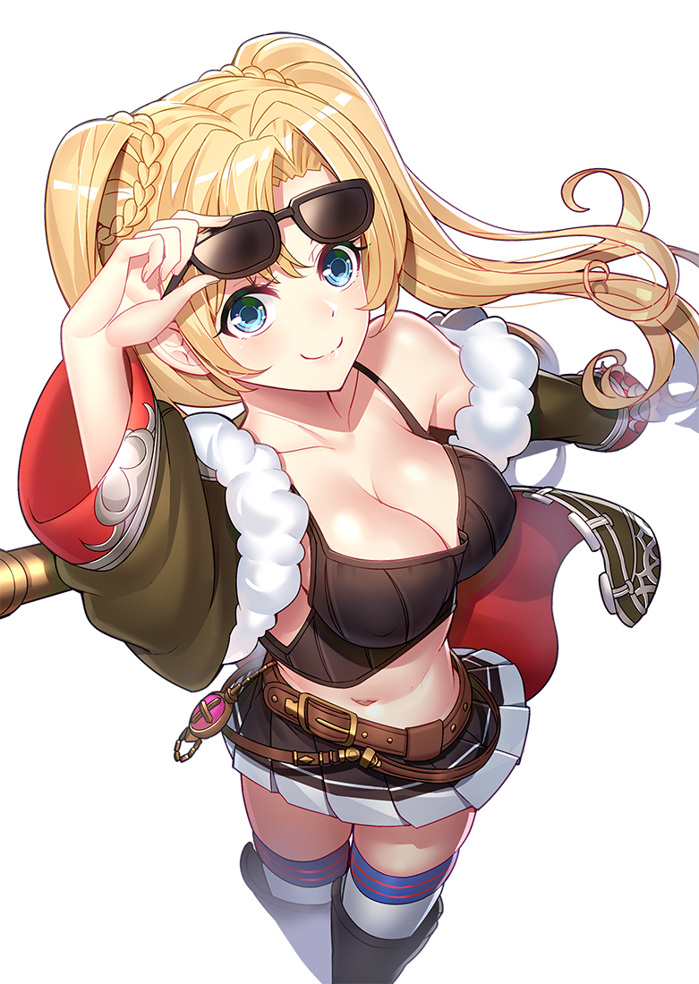 1girl bangs bare_shoulders black_skirt blonde_hair boots breasts cleavage cowboy_shot crop_top cropped_jacket from_above granblue_fantasy green_eyes holding holding_weapon knee_boots large_breasts looking_at_viewer midriff parted_bangs pleated_skirt polearm ririko_(zhuoyandesailaer) skirt smile spear sunglasses thigh-highs twintails wavy_hair weapon zeta_(granblue_fantasy)