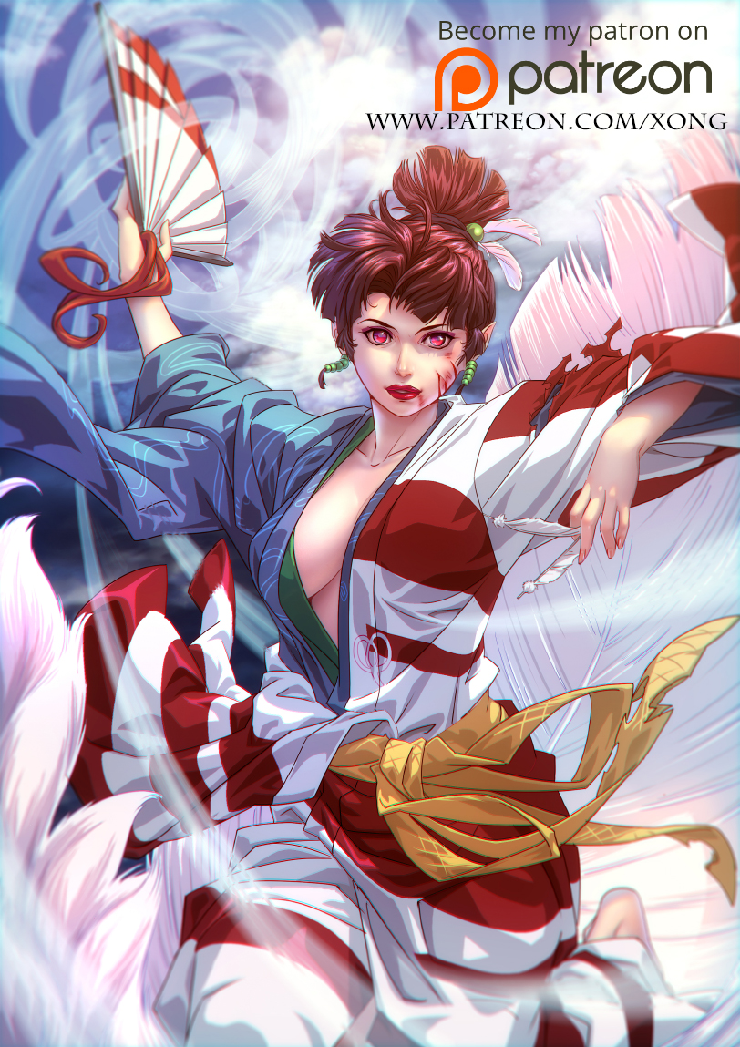 barefoot black_hair blood blood_on_face breasts demon earrings fan feathers injury inuyasha japanese_clothes jewelry kagura_(inuyasha) kimono lipstick makeup open_clothes open_kimono patreon pointy_ears red_eyes sash tied_hair torn_clothes wind xong