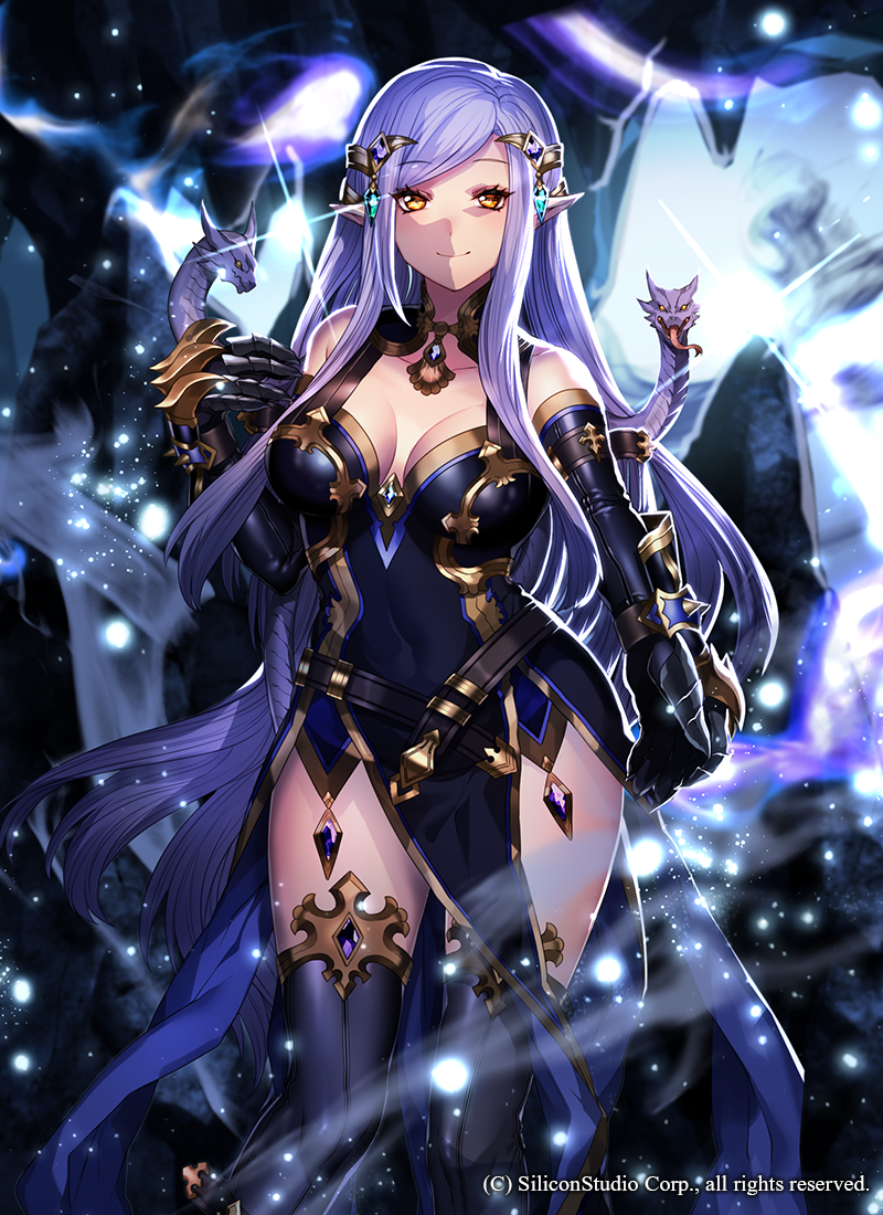 1girl breasts cleavage company_name covered_navel gloves gyakushuu_no_fantasica hair_ornament katagiri_hachigou long_hair official_art orange_eyes pointy_ears purple_hair snake solo sparkle thigh-highs