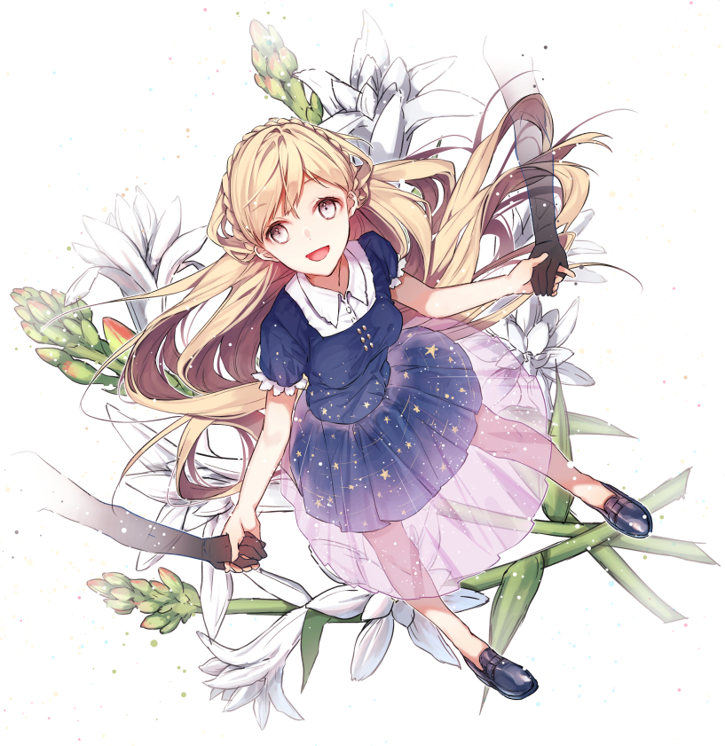 1girl :d black_shoes blonde_hair blue_dress braid dress flower full_body grey_eyes hand_holding long_hair looking_at_viewer open_mouth original rakugakiii shoes smile starry_sky_print very_long_hair white_background