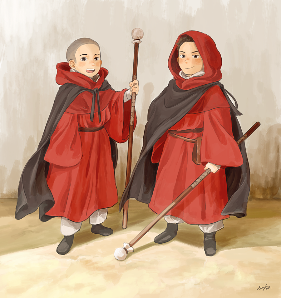 2boys bald baze cape child chirrut hood looking_at_viewer matsuri6373 multiple_boys rogue_one:_a_star_wars_story science_fiction signature staff star_wars tunic younger