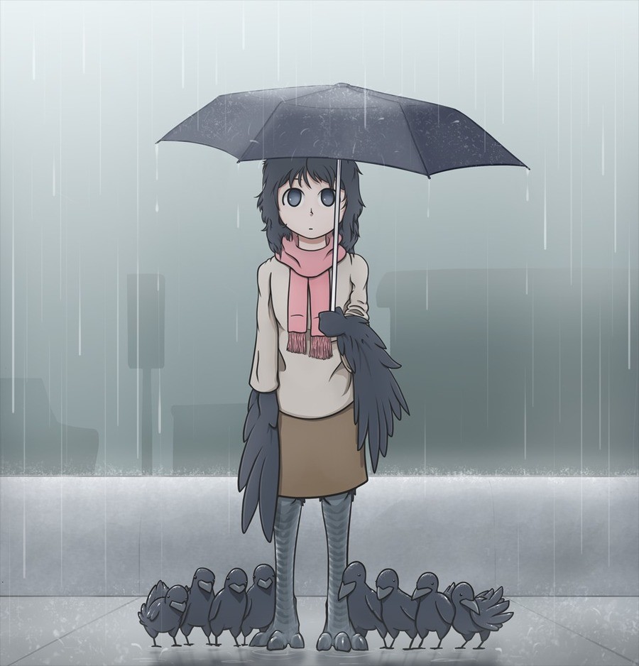 1girl bird black_eyes black_hair crow drawfag feathered_wings feathers messy_hair monster_girl original rain scarf sweater umbrella under_umbrella wings