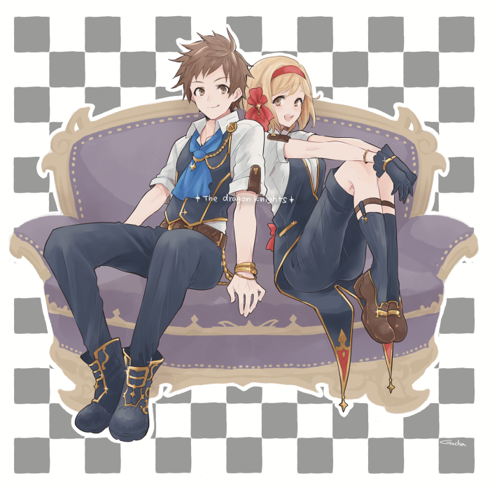 1boy 1girl aiguillette black_gloves blonde_hair bob_cut boots brown_hair checkered checkered_background coattails couch djeeta_(granblue_fantasy) full_body gloves gran_(granblue_fantasy) granblue_fantasy gucha_(netsu) hair_ornament hair_ribbon hairband legs_together looking_at_viewer ribbon shorts simple_background sitting smile sock_garters song_name the_dragon_knights