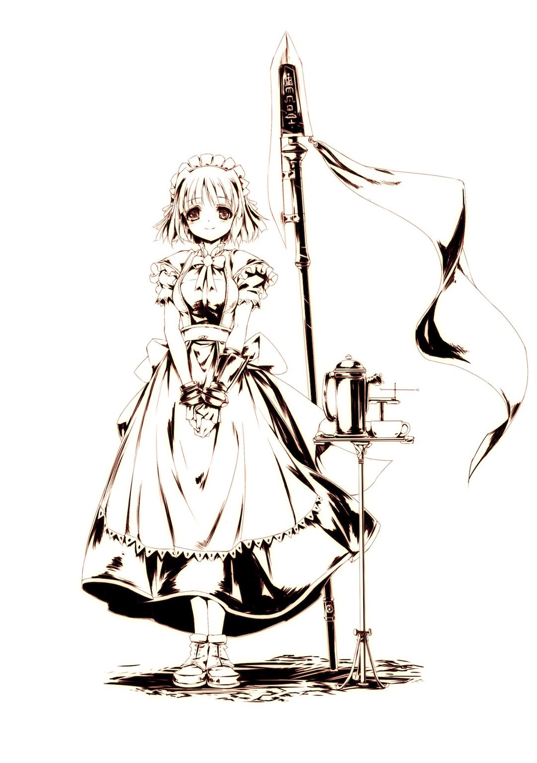 1girl apron character_request cup dress eien_no_aselia hands_together highres hitomaru maid monochrome official_art polearm shoes short_hair smile solo spear table teacup teapot weapon