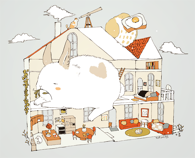 balcony bed bird blush bookshelf carpet cat chair chimney closed_eyes clouds commentary couch food heart house ladder original picture_(object) pillow plant rabbit rooftop simple_background smoke sunny_side_up_egg table telescope toast tofuvi vase vines window