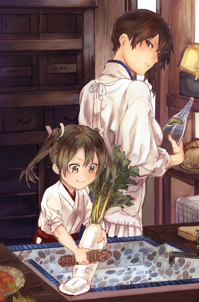 2girls basket bottle breasts brown_eyes brown_hair cabinet carrot commentary_request cooking daikon drawer faucet food fukazaki_(g425hw45) green_eyes green_hair grey_hair hair_ribbon hakama_skirt hip_vent holding holding_bottle indoors japanese_clothes kaga_(kantai_collection) kantai_collection kappougi kimono long_hair long_sleeves looking_back multiple_girls pleated_skirt protected_link ribbon side_ponytail sink skirt smile soap twintails vegetable white_ribbon younger zuikaku_(kantai_collection)