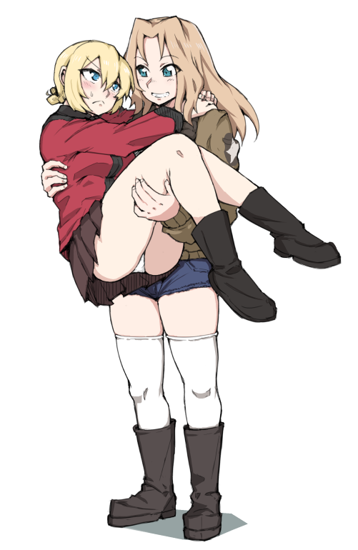 2girls arms_around_neck blonde_hair blue_eyes blush boots carrying darjeeling girls_und_panzer green_eyes kay_(girls_und_panzer) long_hair multiple_girls nexas panties pantyshot princess_carry short_hair simple_background skirt smile sweatdrop thighs underwear white_background white_legwear white_panties yuri