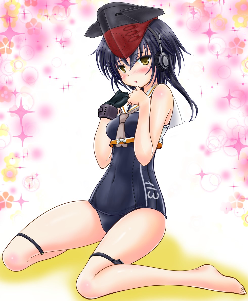 1girl asymmetrical_hair barefoot black_hair brown_eyes framed_breasts gloves hair_between_eyes hat headphones i-13_(kantai_collection) kantai_collection looking_at_viewer partly_fingerless_gloves sailor_collar school_swimsuit short_hair single_glove sitting solo swimsuit tamanori_(isokazelove) wariza