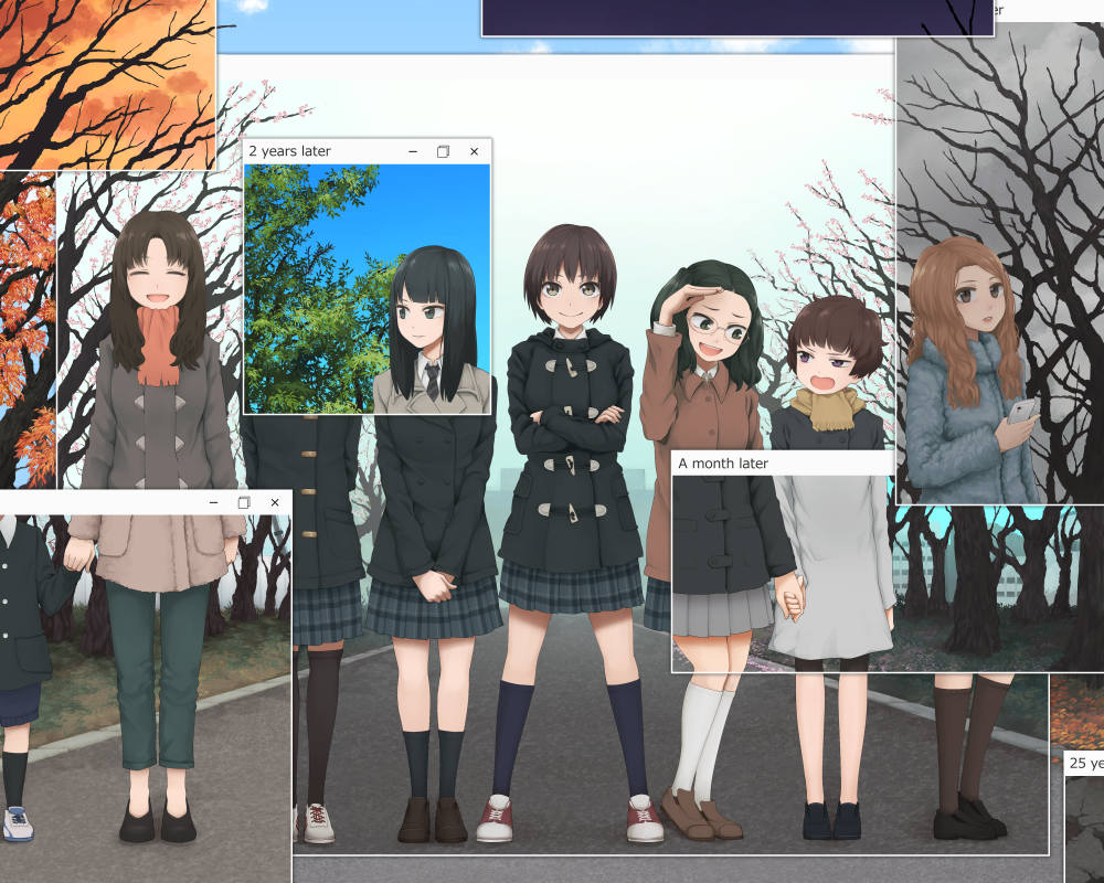 6+girls autumn bare_tree black_hair brown_eyes brown_hair cherry_blossoms child commentary_request crossed_arms graduation hand_holding long_hair looking_at_another multiple_girls original road scarf school_uniform seasons short_hair smile spring_(season) summer thigh-highs time_paradox tree windows winter yajirushi_(chanoma) yuri