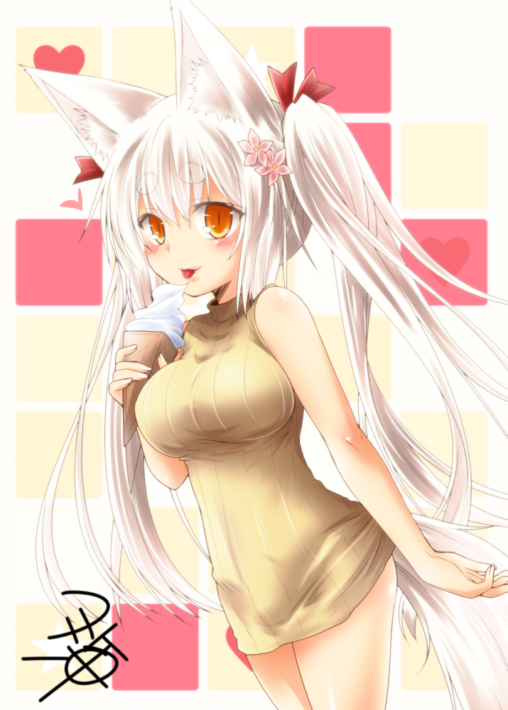 1girl :3 :p animal_ears bare_arms bare_shoulders blush breasts cowboy_shot eyebrows_visible_through_hair food fox_ears fox_tail hair_ribbon heart holding holding_food ice_cream kohaku_(yua) long_hair looking_at_viewer medium_breasts multicolored multicolored_background orange_eyes original red_eyes red_ribbon ribbed_sweater ribbon signature sleeveless slit_pupils smile standing sweater sweater_vest tail thick_eyebrows tongue tongue_out twintails very_long_hair yellow_sweater yua_(checkmate)