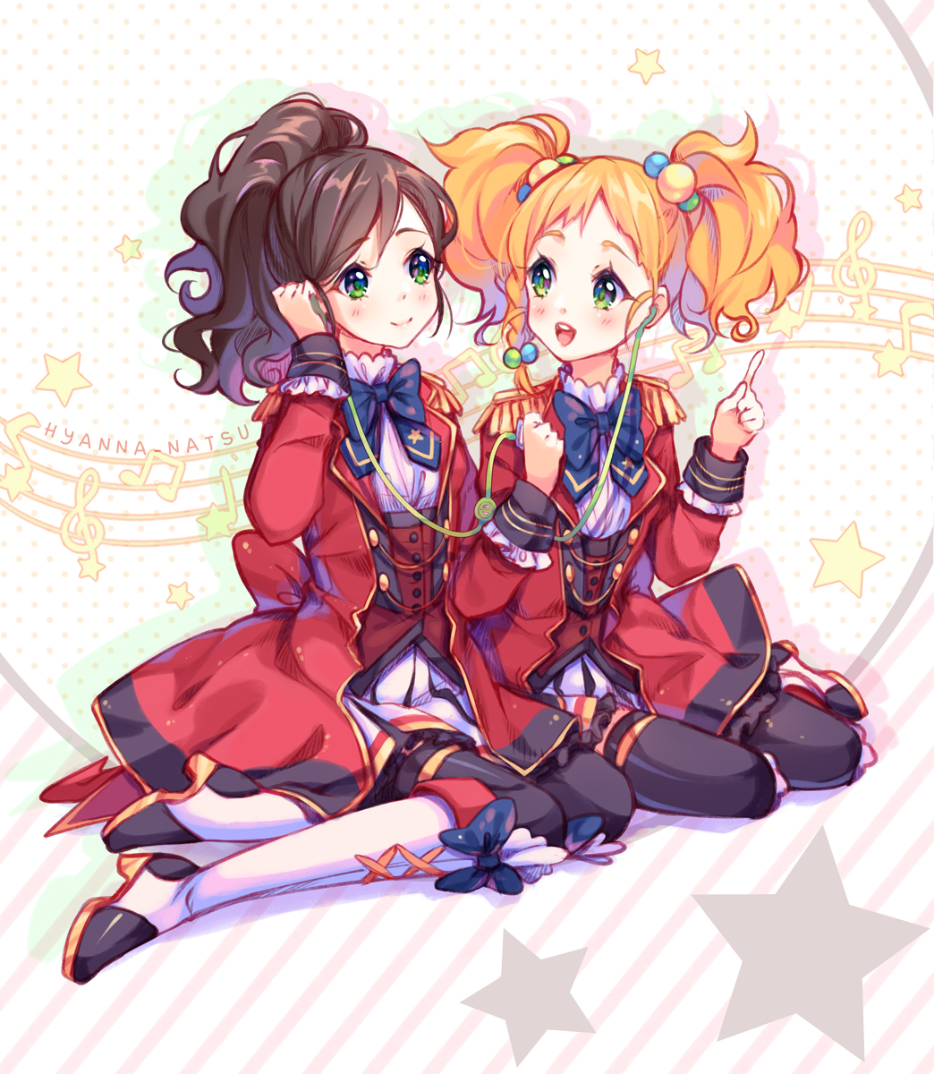 2girls :d aikatsu! aikatsu_stars! artist_name bangs beamed_quavers beamed_semiquavers black_legwear blonde_hair blue_bow blue_bowtie blush boots bow bowtie brown_hair buttons character_request closed_mouth corset digital_media_player earphones frilled_sleeves frills full_body green_eyes hair_bobbles hair_ornament high_heel_boots high_heels highres holding hyanna-natsu index_finger_raised ipod jacket kasumi_yozora knee_boots long_hair long_sleeves multiple_girls musical_note nikaidou_yuzu open_clothes open_jacket open_mouth pantyhose ponytail quaver red_jacket round_teeth school_uniform sitting skirt sleeve_cuffs smile star swept_bangs tareme teeth treble_clef twintails white_boots white_skirt yokozuwari