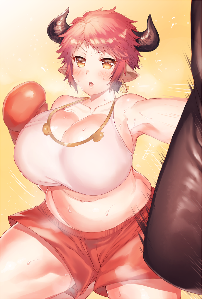 1girl animal_ears bare_shoulders batten_(yukibara_7) belly bouncing_breasts boxing_gloves boxing_shorts breasts cleavage cow_ears cow_horns curvy earrings granblue_fantasy horns huge_breasts jewelry looking_at_viewer navel parted_lips pink_hair plump pointy_ears punching_bag short_hair shorts steam strum_(granblue_fantasy) sweat thick_thighs thighs