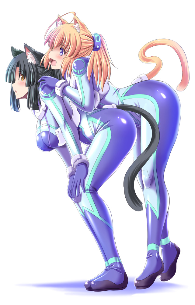 2girls :d :o ahoge animal_ears bangs bent_over black_hair blonde_hair blue_bodysuit blue_eyes blue_gloves blush bodysuit breasts cat_ears cat_tail couple eyebrows_visible_through_hair female from_side full_body girl_on_top gloves hair_ornament hands_on_another's_shoulders hands_on_own_knees hanging_breasts happy large_breasts leaning leaning_forward leaning_on_person long_hair looking_afar looking_at_another looking_at_viewer looking_to_the_side multiple_girls open_mouth original ponytail sexually_suggestive shadow shiny shiny_clothes short_hair sidelocks simple_background skin_tight smile standing tail tareme tonpuu white_background yellow_eyes yuri