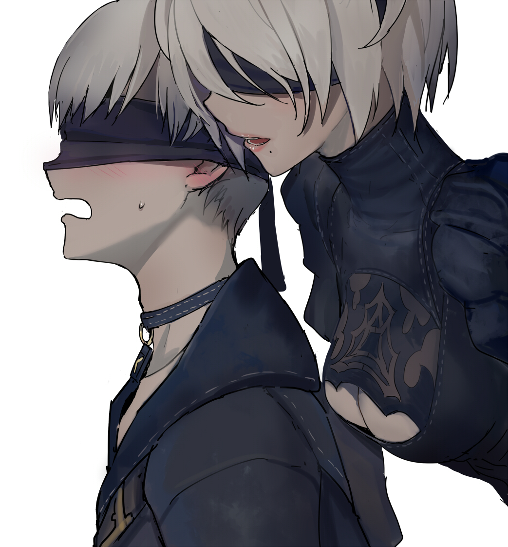 1boy 1girl blindfold blonde_hair blush breast_press breasts breasts_on_back choker cleavage cleavage_cutout commentary dress frilled_dress frills from_side hairband high_collar jacket leaning_in lipstick makeup medium_breasts mole mole_under_mouth nier_(series) nier_automata open_mouth shirt short_hair sweat sweatdrop upper_body walzrj whispering white_background yorha_no._2_type_b yorha_no._9_type_s