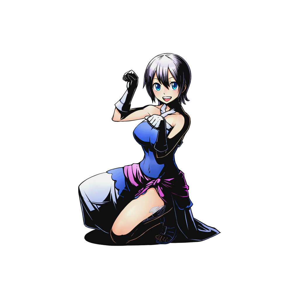 1girl blue_dress blue_eyes breasts collarbone divine_gate dress fairy_tail full_body gloves large_breasts lisanna_strauss looking_at_viewer official_art one_knee paw_pose shadow short_hair silver_hair solo tattoo transparent_background ucmm white_gloves