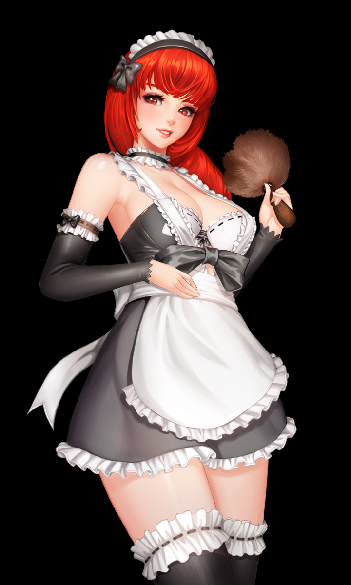 1girl apron bangs bare_shoulders black_background black_bow black_dress black_legwear blush bow bra breasts choker copyright_request cowboy_shot detached_collar detached_sleeves dress duster frilled_apron frilled_choker frills hand_on_own_stomach head_tilt highres holding long_hair long_sleeves looking_at_viewer maid maid_apron maid_headdress medium_breasts no_bra parted_lips red_eyes redhead ribbon-trimmed_bra ribbon-trimmed_legwear ribbon-trimmed_sleeves ribbon_trim simple_background smile solo strapless strapless_dress thigh-highs underwear w_ruwaki waist_apron white_bra zettai_ryouiki