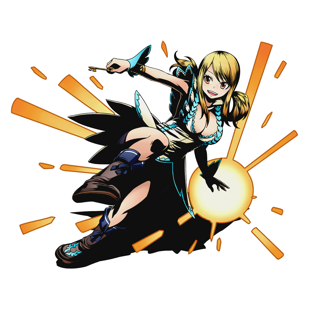 1girl blonde_hair boots breasts brown_boots brown_eyes cleavage divine_gate dress fairy_tail full_body holding key large_breasts long_hair lucy_heartfilia official_art one_leg_raised open_mouth ribbon shadow solo transparent_background twintails ucmm wrist_cuffs wrist_ribbon yellow_ribbon