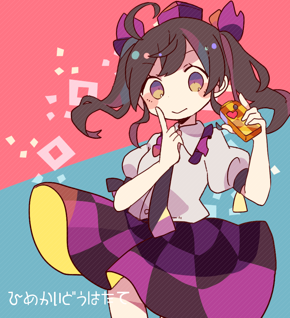1girl :&gt; black_necktie brown_eyes brown_hair cellphone character_name checkered checkered_skirt daizu_(melon-lemon) hat himekaidou_hatate holding holding_phone necktie phone puffy_short_sleeves puffy_sleeves purple_skirt shirt short_sleeves skirt smile solo tokin_hat touhou twintails white_shirt