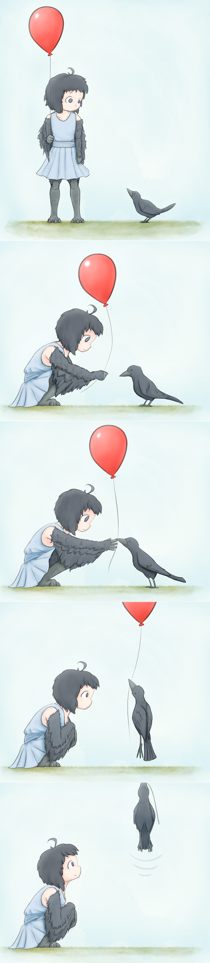 1girl absurdres balloon bird black_eyes black_hair blue_dress crow drawfag dress feathered_wings feathers grass highres levitation long_image monster_girl original tall_image talons wings younger