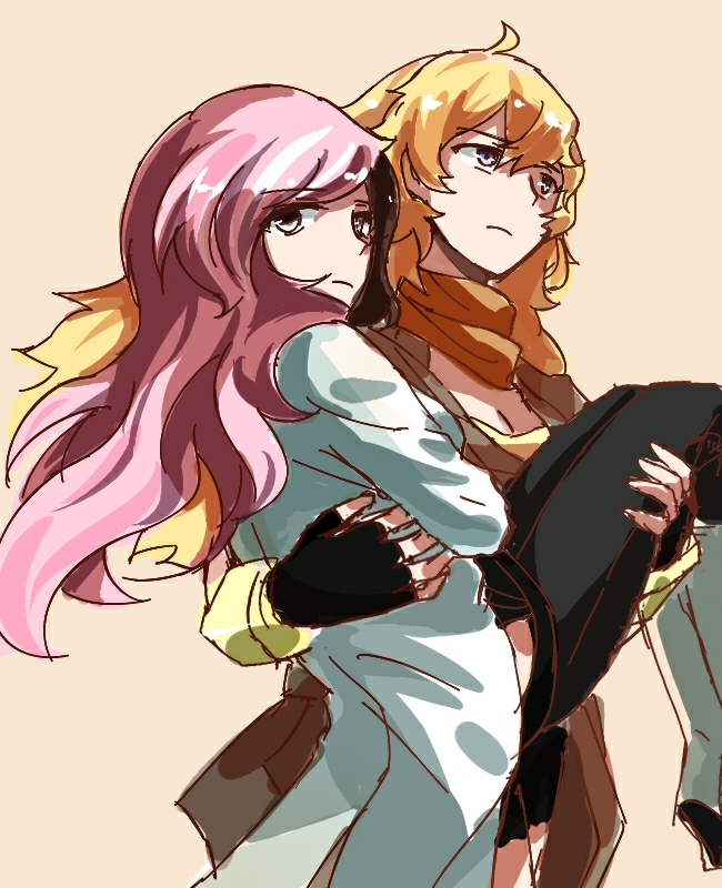 2girls ahoge blonde_hair boots brown_hair carrying fingerless_gloves gloves knee_boots long_hair looking_at_viewer multiple_girls neo_(rwby) pants pink_hair princess_carry rwby sketch tl yang_xiao_long