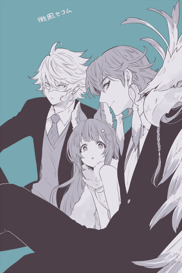 1girl 2boys aster_(granblue_fantasy) blue_background duo_chromatic earrings erun_(granblue_fantasy) feather_earrings formal gawain_(granblue_fantasy) granblue_fantasy gucha_(netsu) jewelry long_hair looking_at_viewer mask multiple_boys necktie nezahualpilli open_mouth scarf short_hair simple_background smile suit