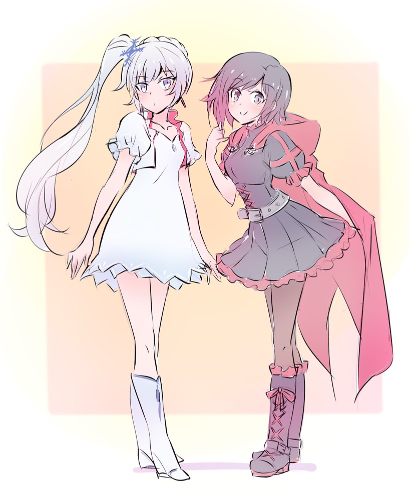 2girls alternate_costume black_hair boots cape commentary earrings frilled_skirt frills highlights iesupa jacket jewelry multicolored_hair multiple_girls necklace parody redhead ruby_rose rwby skirt weiss_schnee white_hair