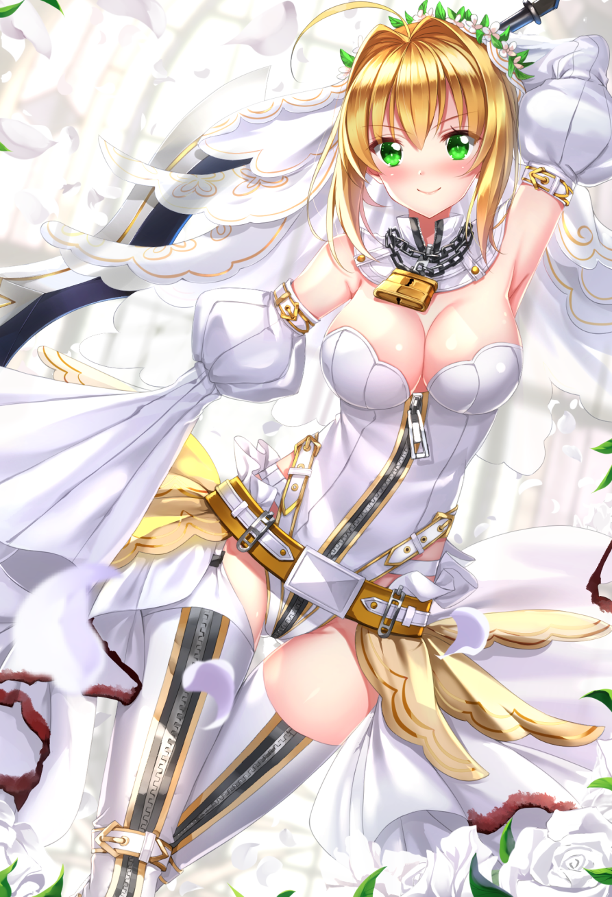 1girl ahoge arm_up armpits belt blonde_hair blush breasts chains cleavage detached_collar detached_sleeves fate/extra fate/extra_ccc fate_(series) flower gluteal_fold green_eyes highres large_breasts lock looking_at_viewer padlock petals rose saber_bride saber_extra smile solo standing sword swordsouls thigh-highs veil weapon white_rose zipper