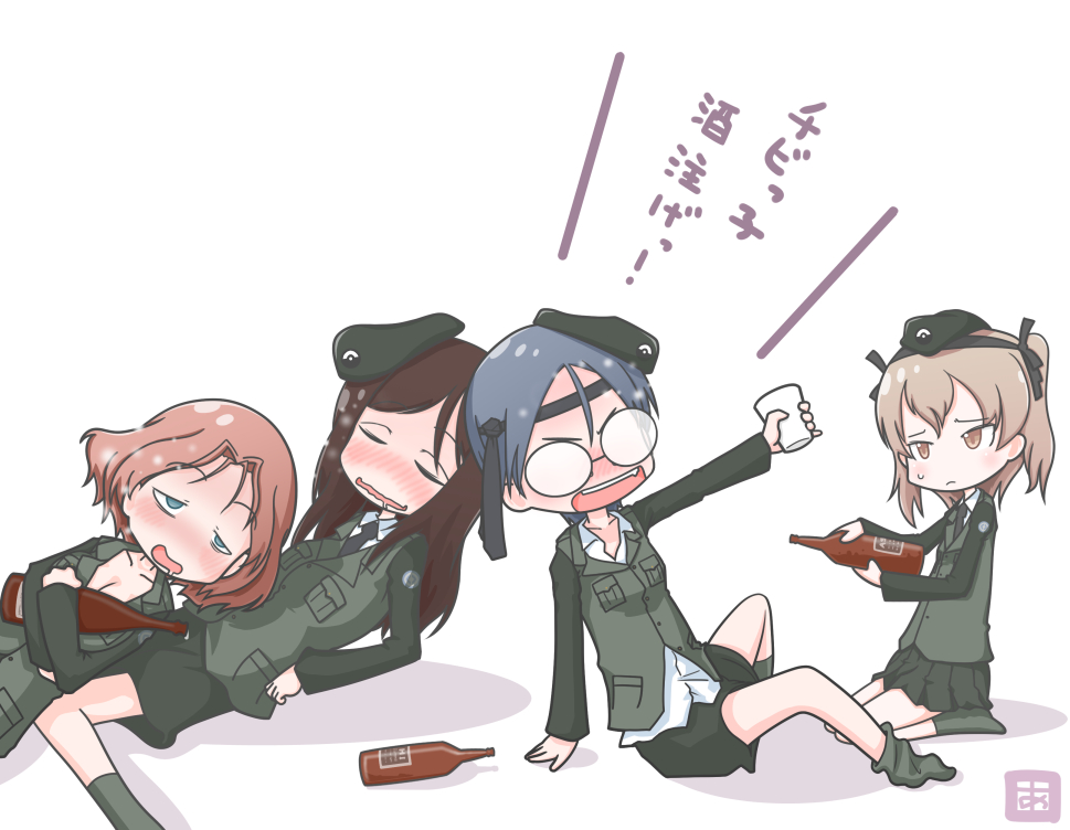 4girls adachi_fumio333 alcohol azumi_(girls_und_panzer) beret blue_hair breasts brown_hair cleavage cup drunk fogged_glasses girls_und_panzer glasses hat long_hair megumi_(girls_und_panzer) military military_uniform multiple_girls necktie necktie_on_head orange_hair rumi_(girls_und_panzer) shimada_arisu sweatdrop translated uniform