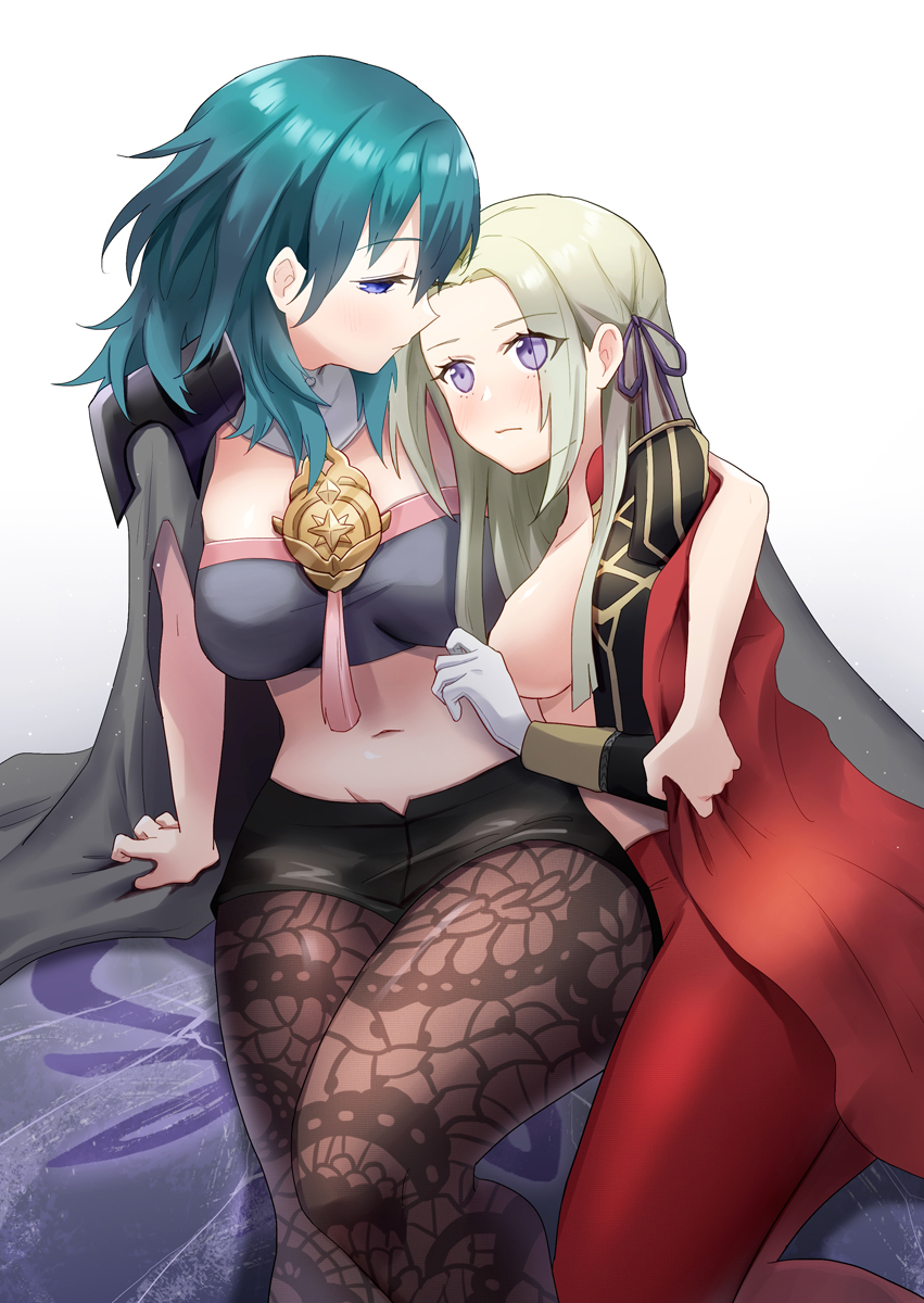 2girls amy30535 arm_around_shoulder arm_support blue_eyes breasts byleth_(fire_emblem) byleth_eisner_(female) cape edelgard_von_hresvelg fire_emblem fire_emblem:_three_houses gloves green_hair hair_ribbon highres long_hair looking_at_another medium_hair multiple_girls navel open_clothes open_shirt pantyhose ribbon sideboob silver_hair simple_background sitting stomach violet_eyes white_gloves yuri