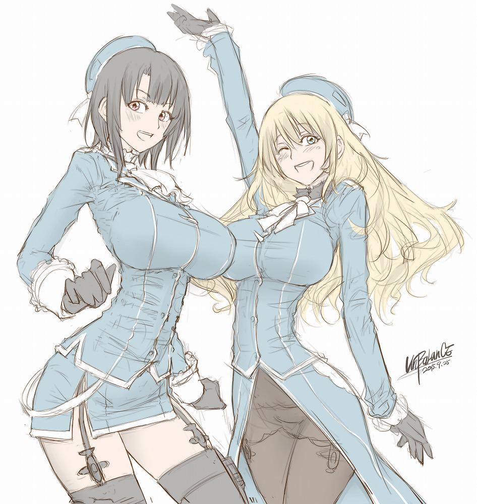 :d artist_name atago_(kantai_collection) blonde_hair breasts dated garter_straps kantai_collection large_breasts long_hair one_eye_closed open_mouth pantyhose short_hair sketch smile takao_(kantai_collection) thigh-highs unbalance waving
