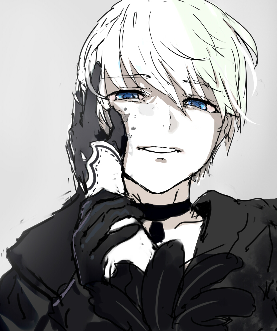 1boy blue_eyes choker frilled_sleeves frills gloves grey_background hand_on_another's_arm hand_on_another's_cheek hand_on_another's_face nier_(series) nier_automata shirt smile upper_body walzrj white_hair yorha_no._9_type_s
