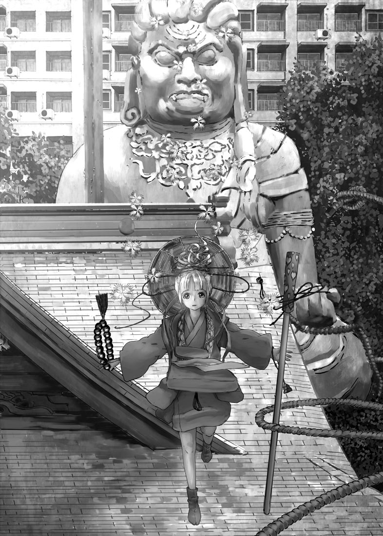 1girl bag beads building city greyscale japanese_clothes katou_fumitaka looking_at_viewer looking_up monk monochrome original prayer_beads rooftop rope solo staff standing standing_on_one_leg statue tabi tree