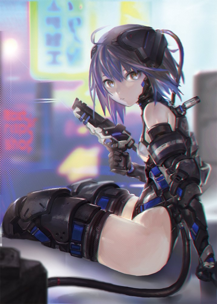 1girl arm_support artist_request black_gloves black_legwear blue_hair blurry depth_of_field elbow_gloves from_side gauntlets gloves grey_eyes gun handgun headgear leotard looking_at_viewer pistol plug short_hair slit_pupils solo thigh-highs turtleneck weapon