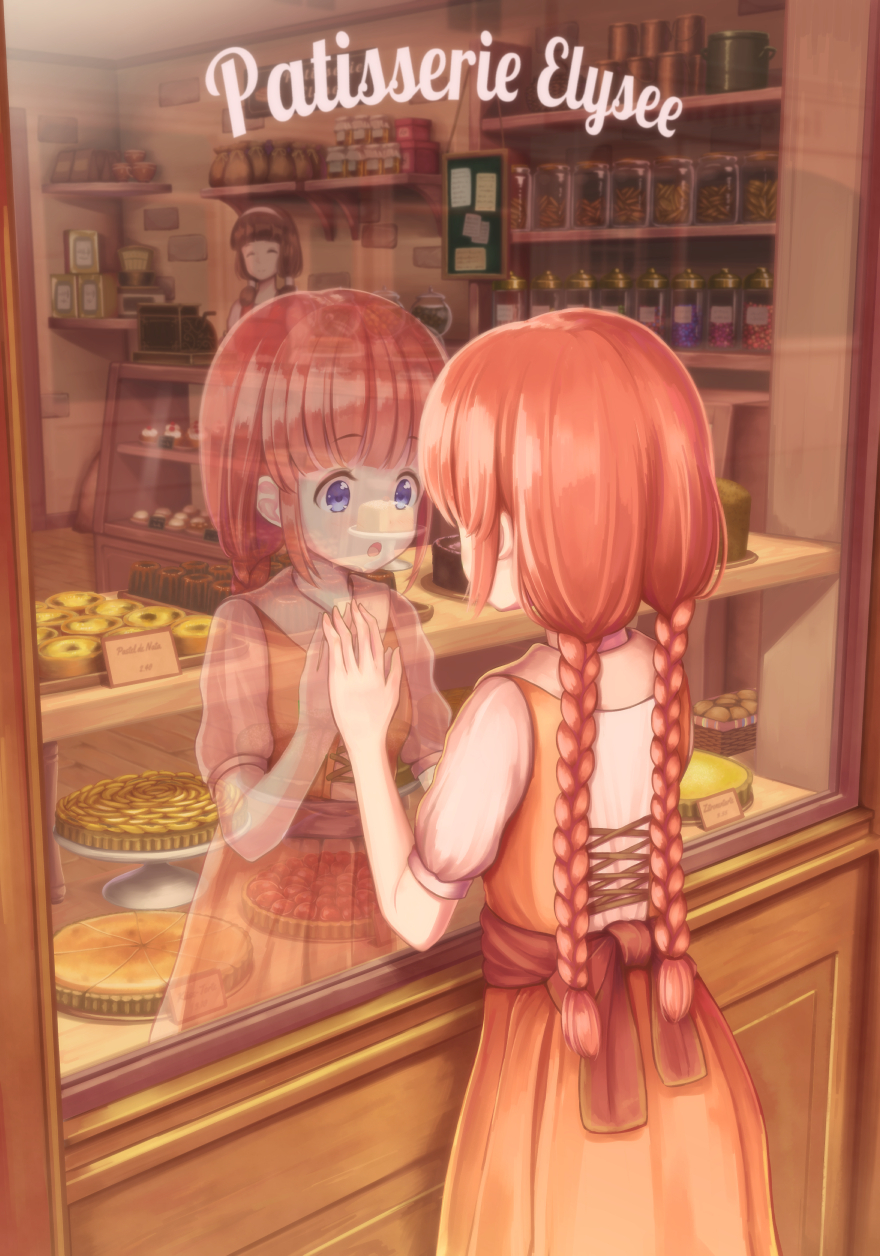 2girls :o alba_(little_witches) bakery black_hair blue_eyes blush bottle braid brown_hair cash_register closed_mouth commentary_request cupcake dress eyebrows_visible_through_hair food hairband head_tilt highres long_hair low_twintails multiple_girls open_mouth original pie reflection shelf shop smile store_clerk twin_braids twintails very_long_hair window