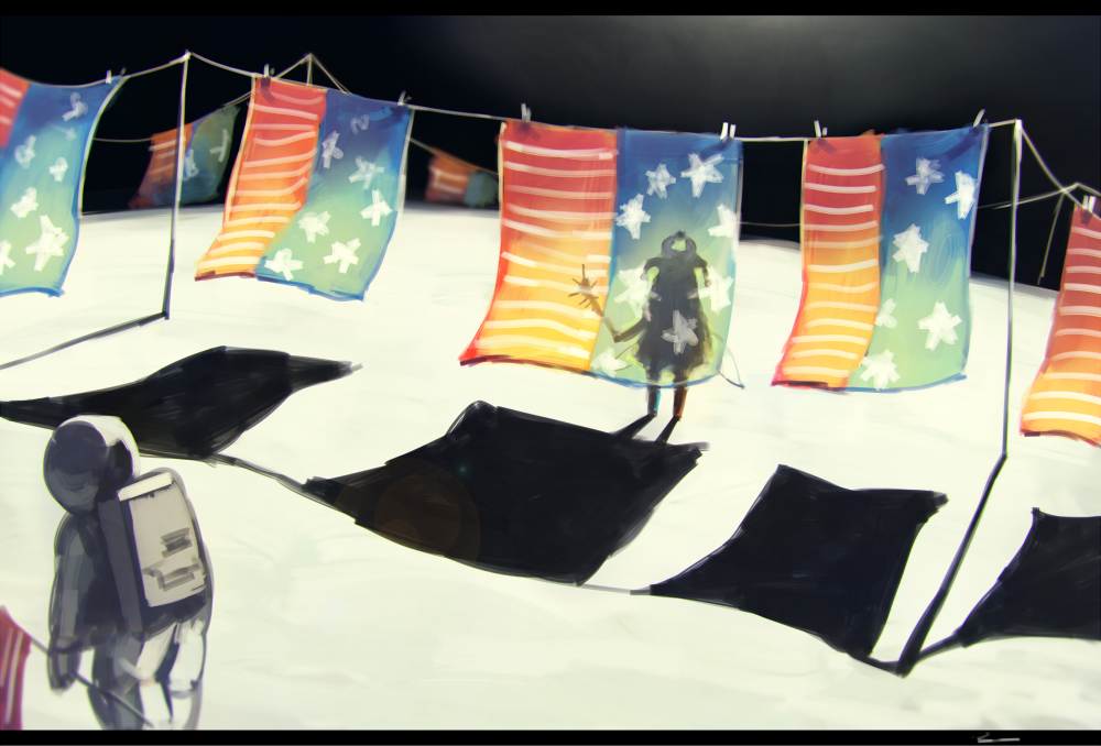 1girl american_flag astronaut clownpiece fairy fairy_wings hat jester_cap koto_inari long_hair moon pantyhose silhouette star star_print torch touhou very_long_hair wings