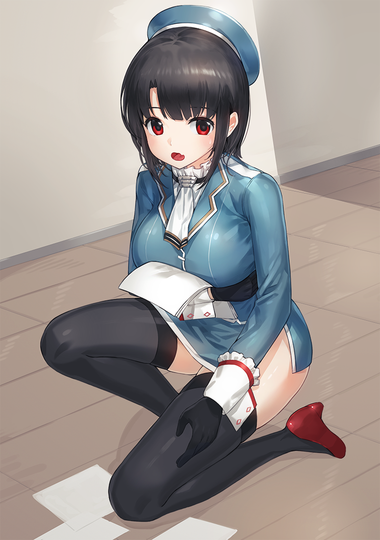 1girl ascot bangs beret black black_legwear blue_jacket blue_skirt blunt_bangs breasts commentary_request gloves hallway hat holding holding_paper jacket kantai_collection kfr kneeling kneeling_on_one_leg large_breasts long_sleeves looking_up military military_uniform open_mouth paper pumps red_eyes red_shoes shadow shoes short_hair skirt solo takao_(kantai_collection) thigh-highs uniform wooden_floor