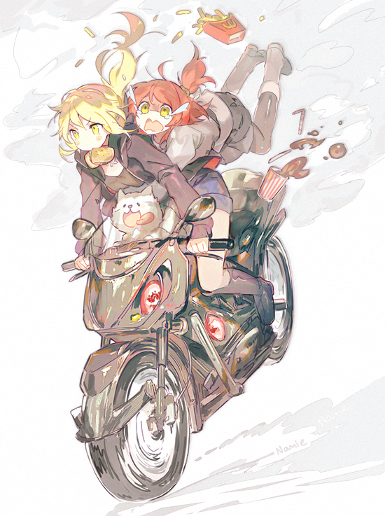 2girls bicycle blonde_hair dog fate/grand_order fate/stay_night fate_(series) food food_in_mouth fujimaru_ritsuka_(female) ground_vehicle long_hair multiple_girls namie-kun orange_eyes orange_hair ponytail saber saber_alter short side_ponytail skirt tears